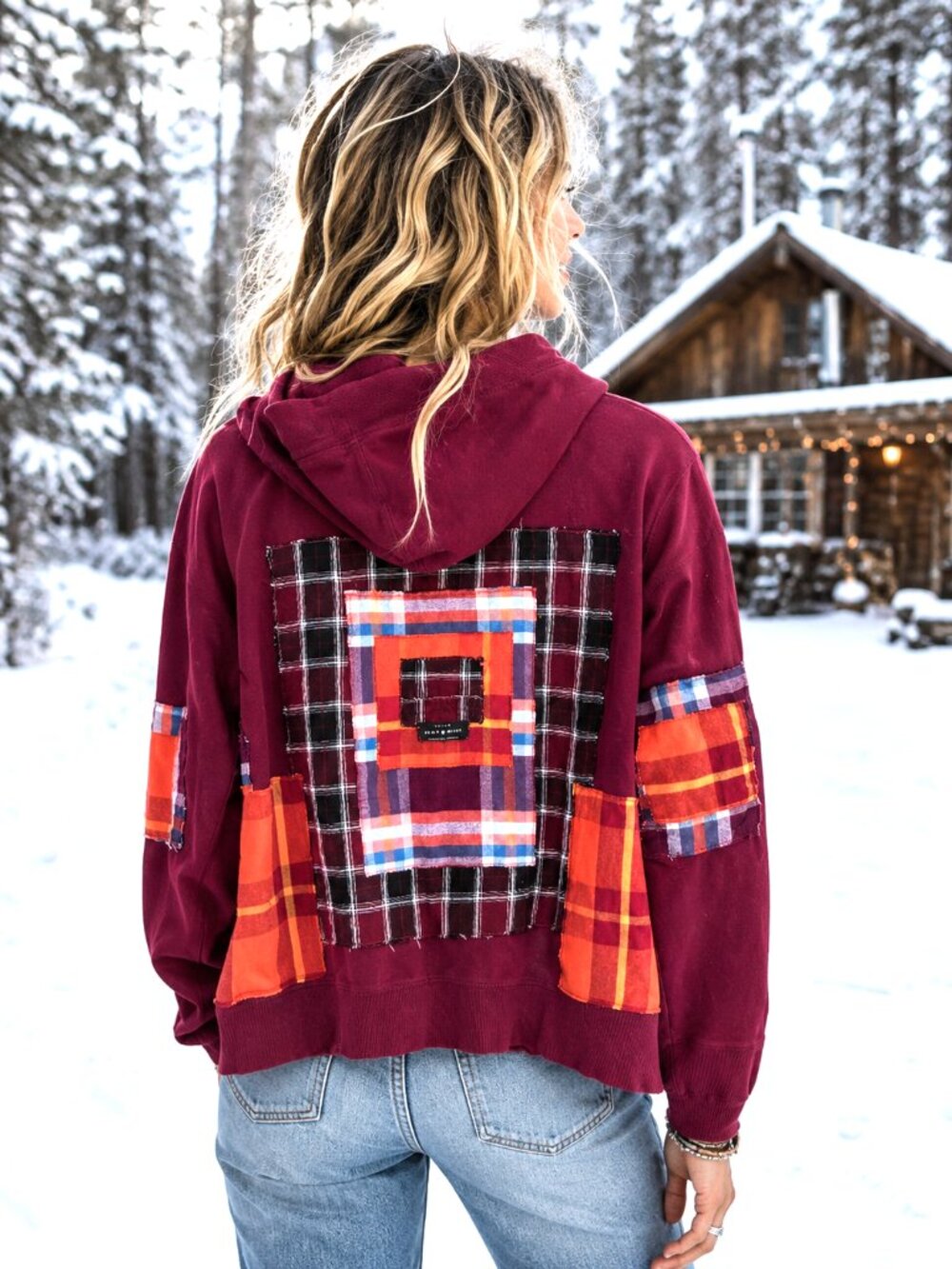 Upcycled Patchwork Hoodie Magenta Boho Snap Front Jacket Campus Grunge Size M
